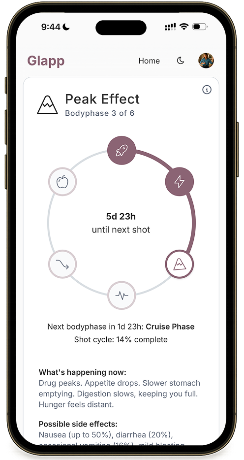 GLP-1 bodyphases diagram showing Peak Effect phase with hunger and side effect predictions
